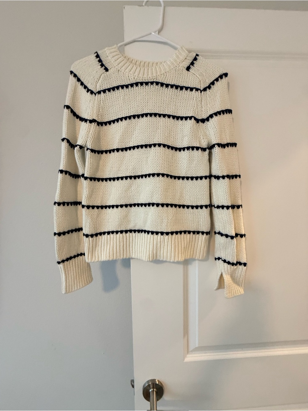 Madewell Cream Crewneck Sweater with Navy Stripes